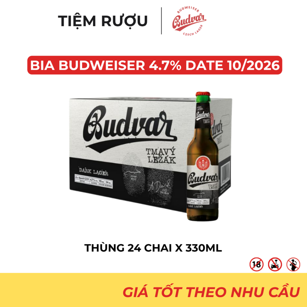 Thùng 24 Chai Bia Budweiser Budvar Dark 4,7% 330ml Date 10/2026 - Dòng Bia Truyền Thống Budweiser
