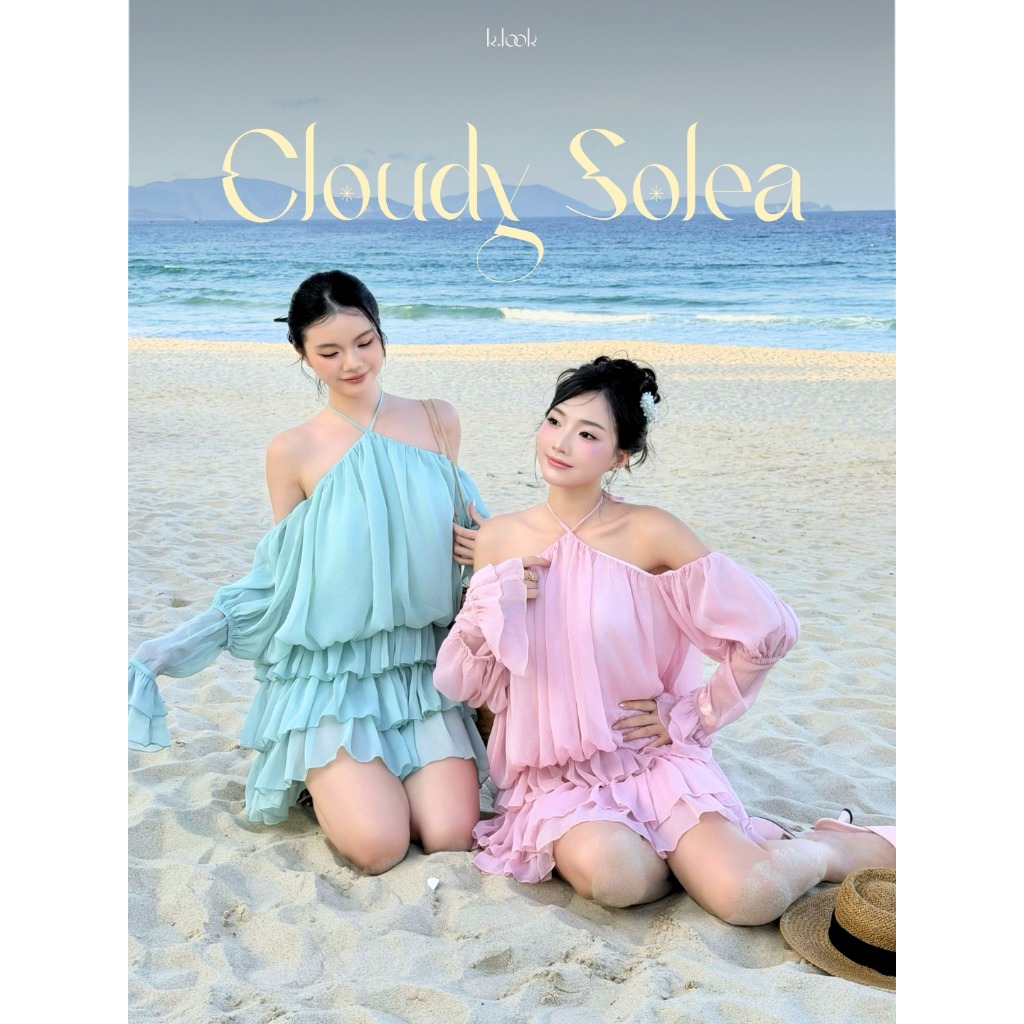 KLOOK Cloudy Solea Dress – Đầm/váy nữ voan bèo tầng tay dài trễ vai màu pastel đi biển chụp ảnh xinh