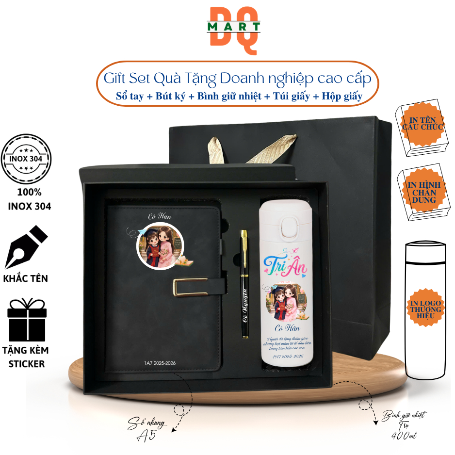Bộ Quà Tặng 3 món Sổ tay, Bình Giữ nhiệt, Bút Khắc Tên Tri Ân Thầy Cô, Khách Hàng, DQMart