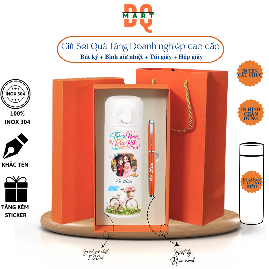 Giftset DQMart - Bình Giữ Nhiệt + Bút Ký +Hộp+ Khắc Tên Inox 304 DQMart Và Bút Ký Kim Loại Cao Cấp, 