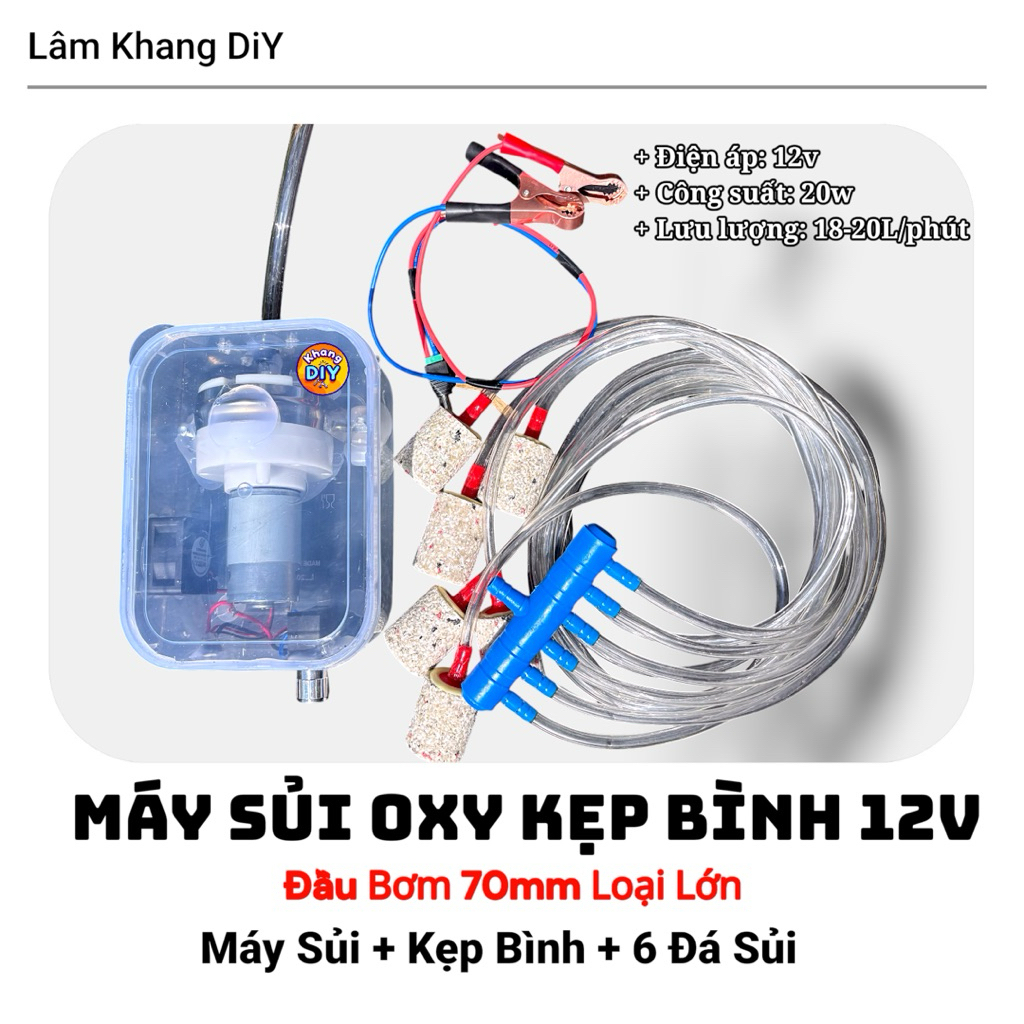 Bộ Bơm Sủi Oxy Cho Tôm, Cá Sử Dụng Kẹp Bình acqui 12v