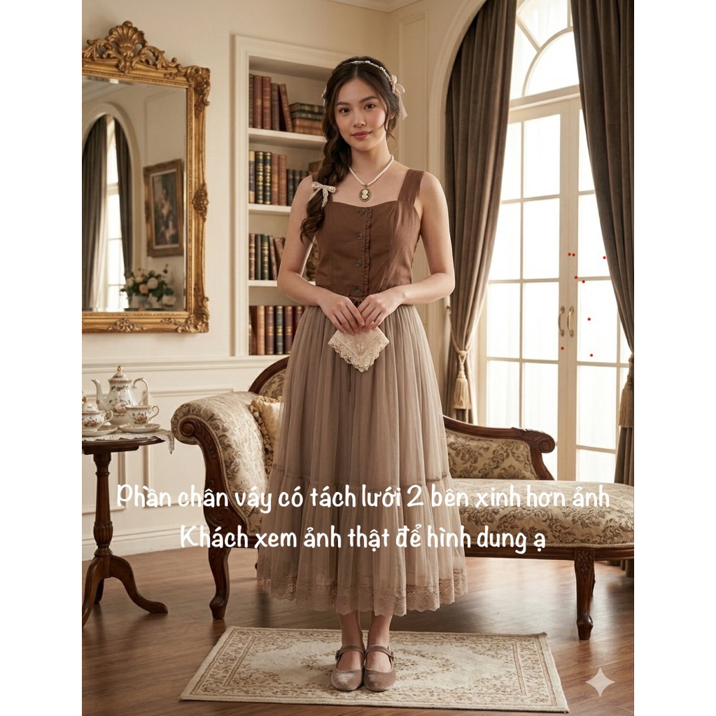 Đầm váy 2hand Nhật hiệu Axes Femme nâu ren maxi dáng dài