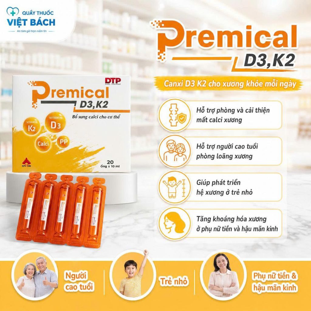 Premical D3 K2 CPC1 Hà Nội 4 vỉ x 5 ống x 10ml - Hỗ trợ phòng ngừa loãng xương