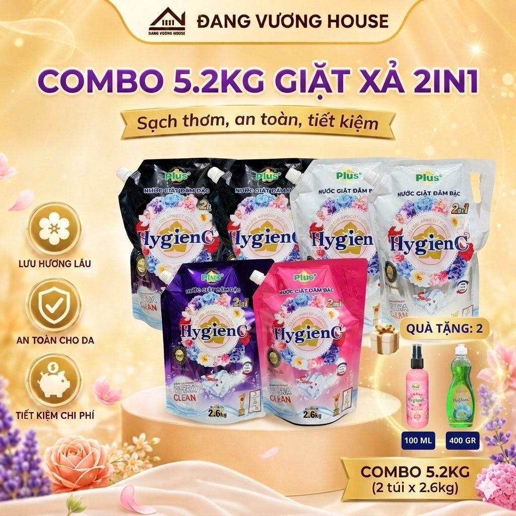 (Combo 2 túi) Nước Giặt Xả HYGIENC Plus Việt Nam túi 2.6kg Lưu Hương Thơm Lâu
