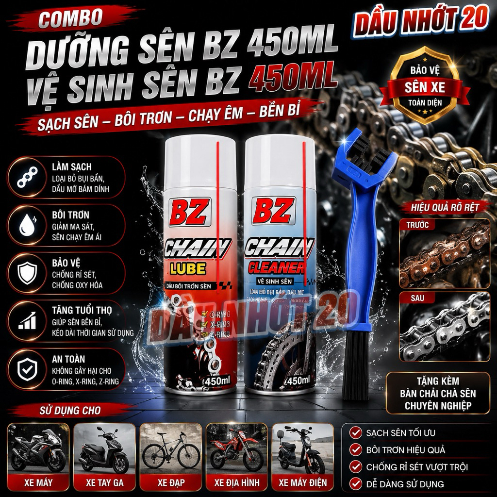 Bộ vệ sinh sên BZ gồm Bôi trơn dưỡng sên BZ + Rửa sên BZ + Kèm bàn chải 3D