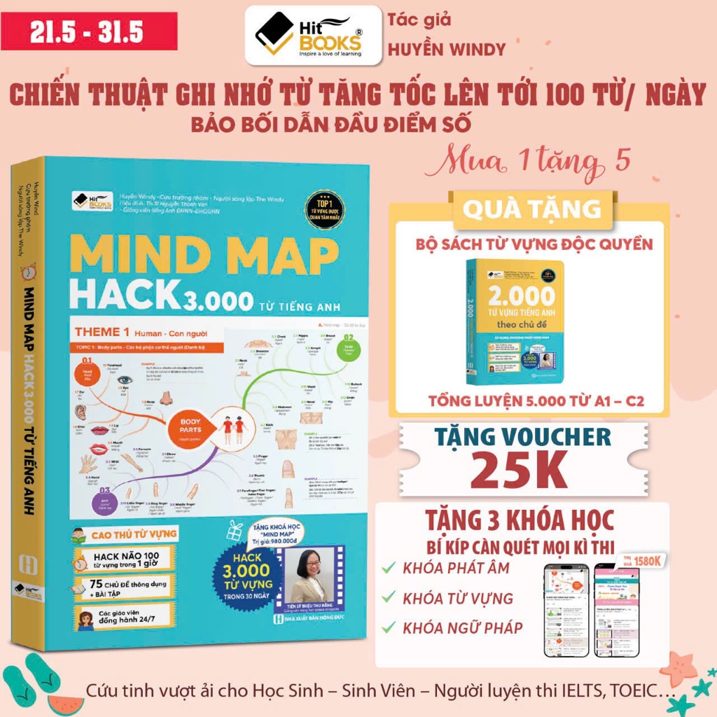 Sách - MIND MAP Hack 3000 Từ Vựng Tiếng Anh, Học Từ Vựng Qua Sơ Đồ Tư Duy - TẶNG KHOÁ HỌC HITBOOKS