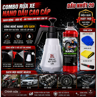 Combo Rửa Xe NANO DÂU 1L + Bình Xịt Bọt Tuyết Lớn 2L, tặng kèm 3 vòi xịt, Kèm Bộ Cọ Khăn Bao Tay Rửa Xe Tại Nhà