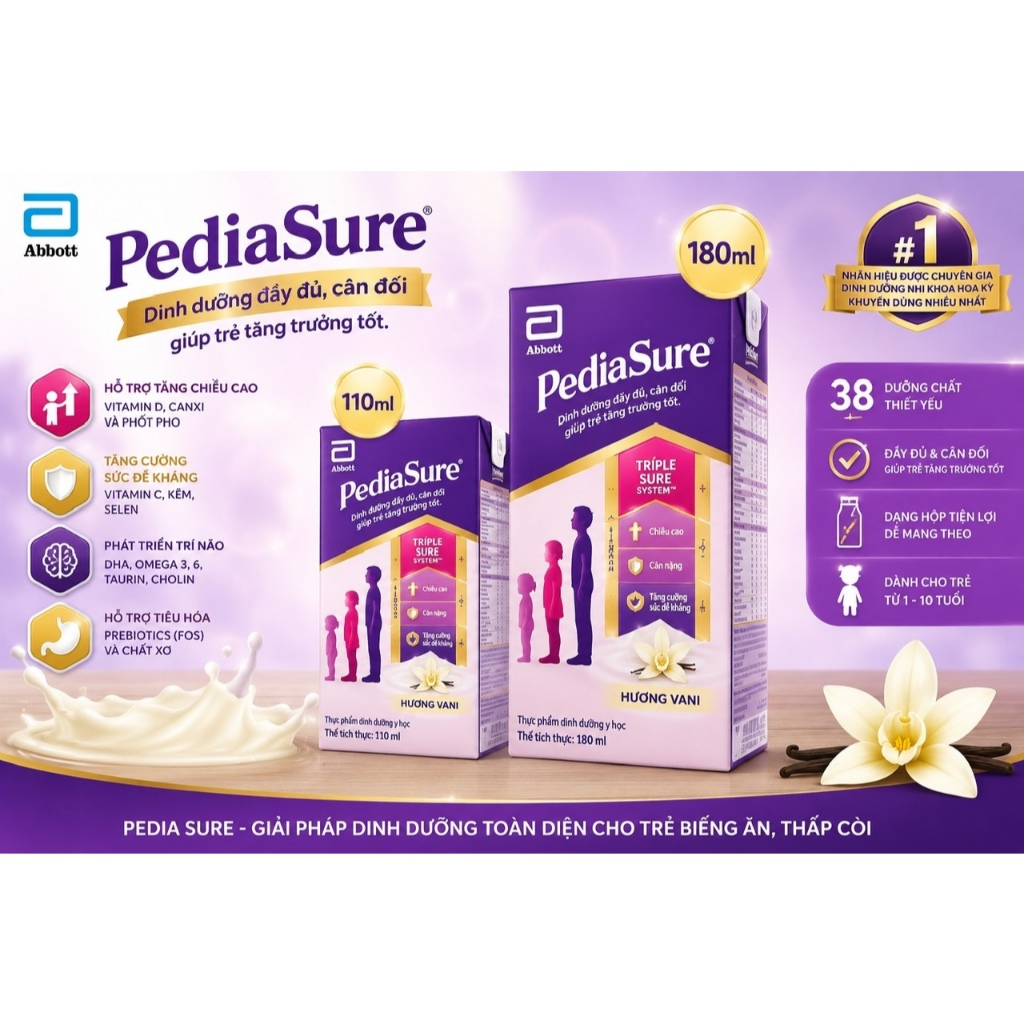 Sữa Nước PediaSure 110ml/ 180ml Abbott Chính Hãng | SBPS Pediasure Pha Sẵn Cho Bé 1–10 Tuổi | Hỗ Trợ Tăng Cân Chiều Cao