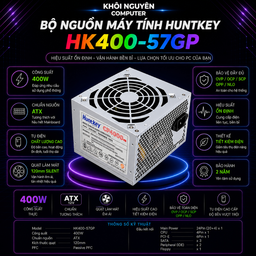 Nguồn Huntkey HK400-57GP CP4000V2 400W Fan 12cm Kèm Dây Nguồn Chính Hãng Cho PC Văn Phòng