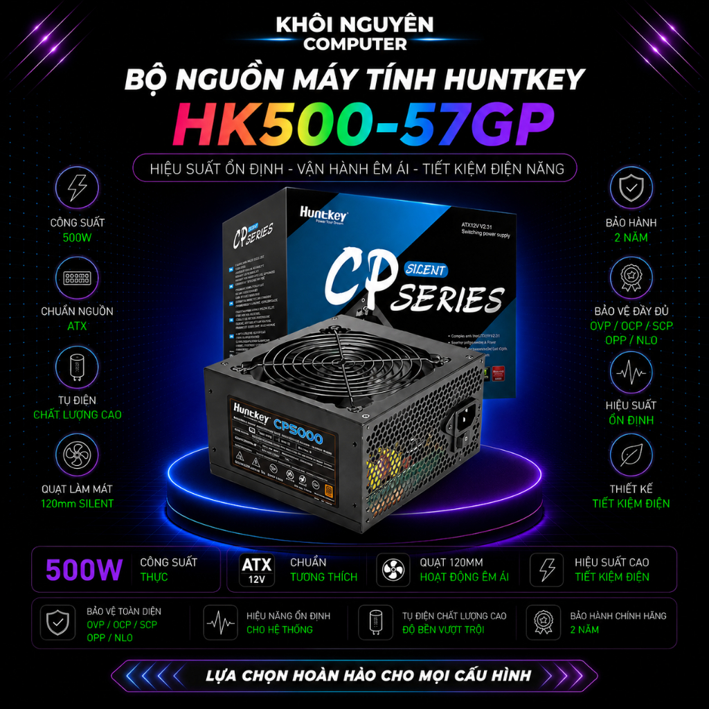 Nguồn Huntkey HK500-57GP CP5000 500W Fan 12cm Kèm Dây Nguồn Chính Hãng Cho PC Gaming