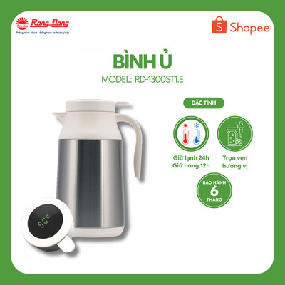 Phích trà 1,3 lít Rạng Đông Hiển thị nhiệt độ Giữ nhiệt nóng lanh Ruột thủy tinh cao cấp RD-1300ST1.E