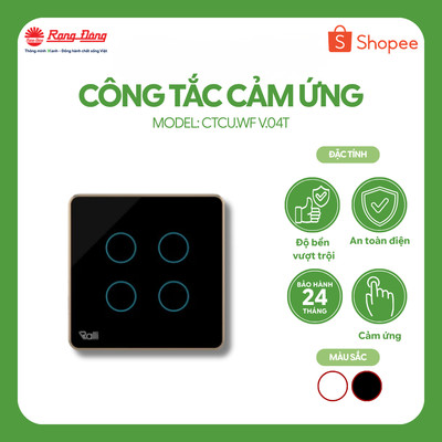 Công tắc thông minh wifi Rạng Đông hình vuông 1,2,3,4 nút   CTCU.WF V.01T cảm ứng điều khiển từ xa