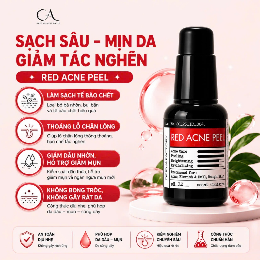 Tẩy da chết hóa học (AHA&BHA) Derma Factory Red Acne Peel 30ml