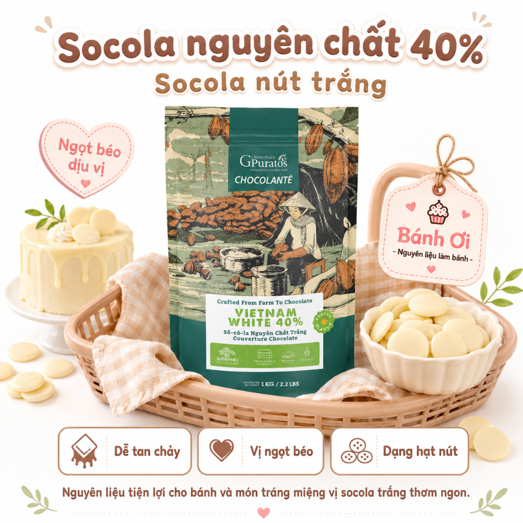 Socola hạt nút trắng 40% - Socola nút trắng, Socola Puratos nút trắng