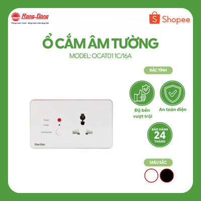Ổ cắm âm tường chống giật Rạng Đông OCAT01 1C/16A phù hợp với hầu hết các loại phích cắm, có chân nối đất, đa năng