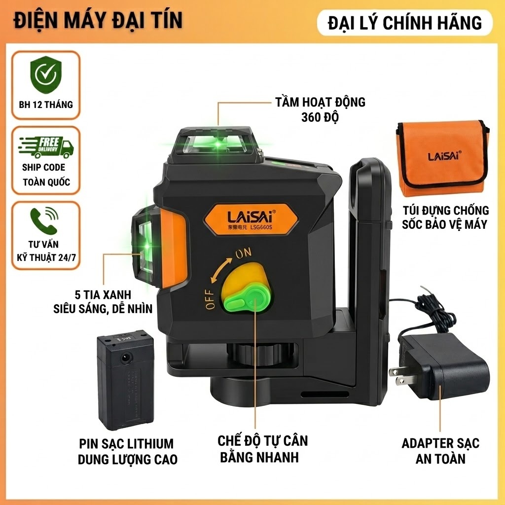 (Chính hãng) Máy cân mực Laisai 5 tia xanh LSG660S bảo hành 12 tháng (Có Vat)