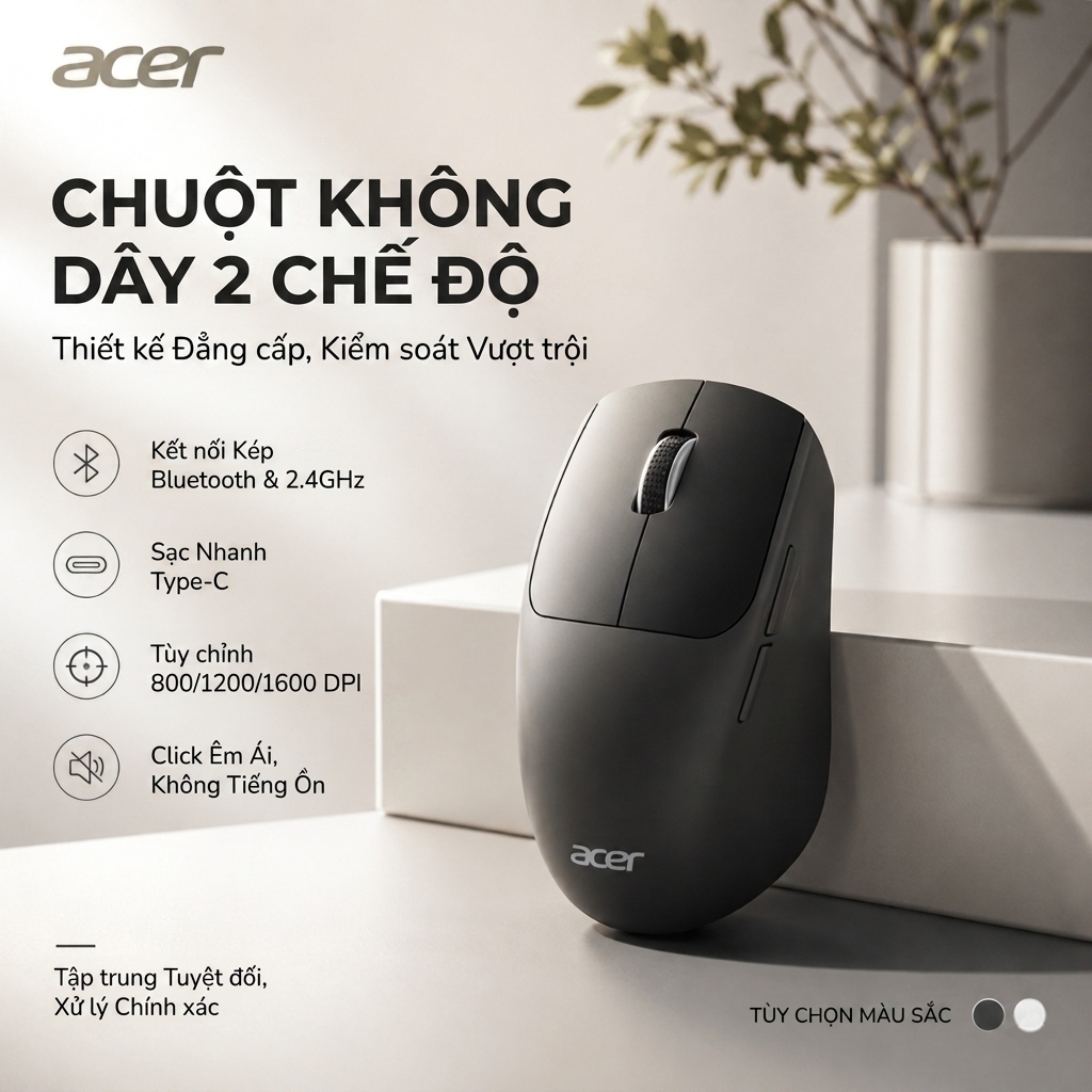 Chuột Không Dây Acer OMR213 Bluetooth & 2.4 GHz | Nhấp Chuột Im Lặng