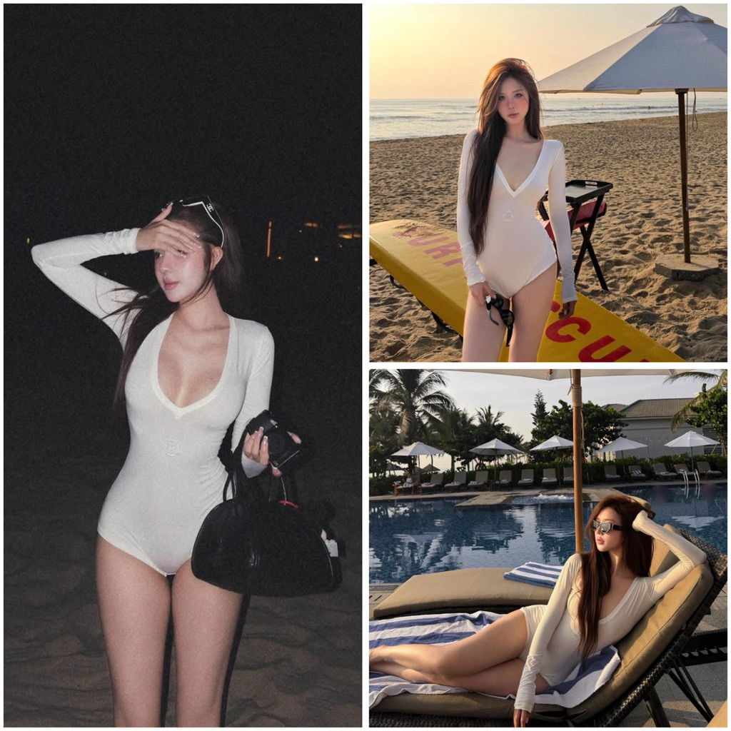 hỏa tốc bikini bodysuit | Bộ đồ bơi bikini nữ bodysuit liền thân hoạ tiết trơn dài tay