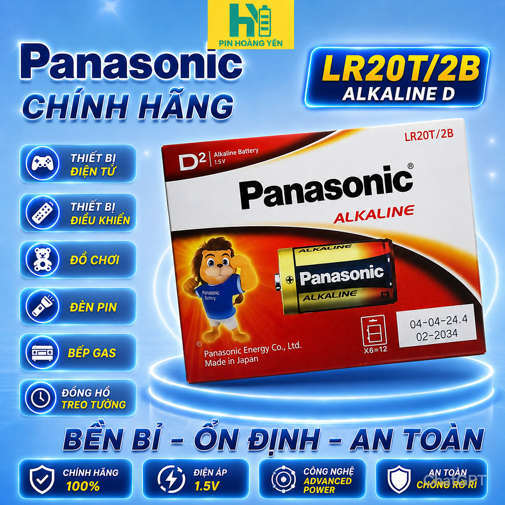 Hộp 12 pin Đại (D) Panasonic  Alkaline LR20T/2B - pin bếp ga, đồng hồ cây, đài