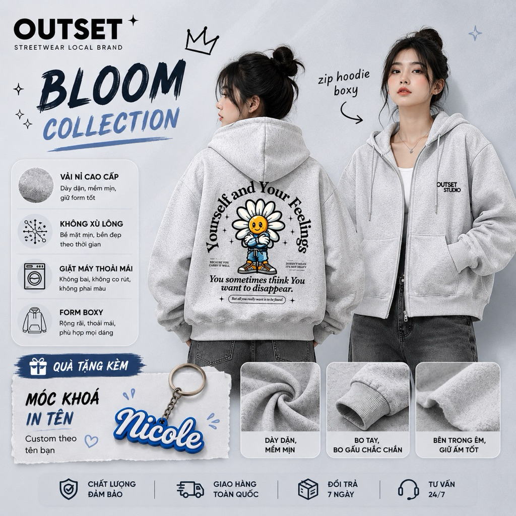 Outset Studio Áo Hoodie Zip Form Boxy Local Brand,Graphic Your Feeling