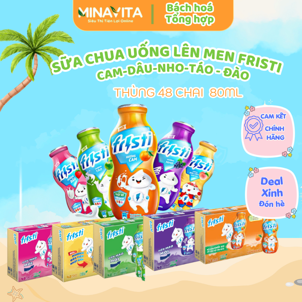 Thùng 48 chai Sữa chua uống Fristi trái cây dâu/cam/táo/nho/đào 80ml