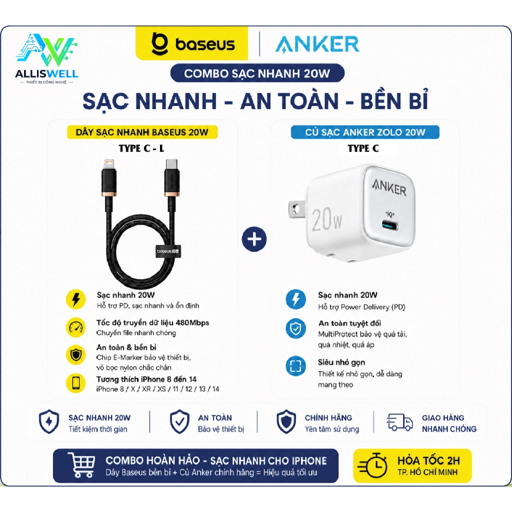 COMBO SẠC NHANH 20W CAO CẤP / Củ sạc Anker Zolo 20W + Dây Baseus Dura Series C to L 20W 1M / Tương T