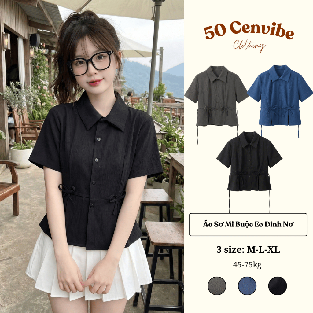 Áo Sơ Mi Nữ Dáng Ngắn Phối Nơ Thiết Kế Dây Buộc Tôn Eo Phong Cách Korea (50 Cenvibe.Clothing) #262