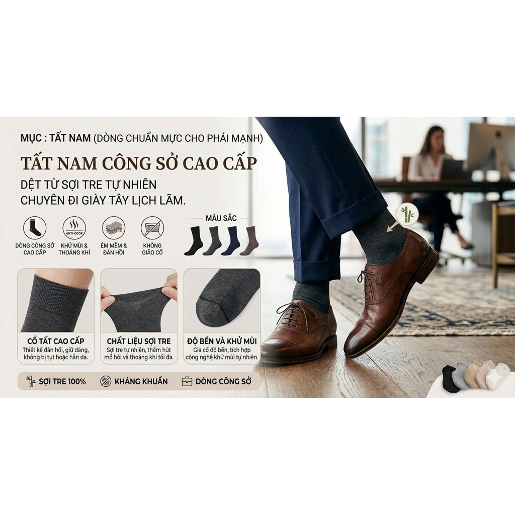 Tất Nam Công Sở Cao Cấp Dệt Sợi Tre Khử MùiVIE SOCKS - Vớ Kháng Khuân Cô Cao Lịch Lãm Chuyên Đi Giày