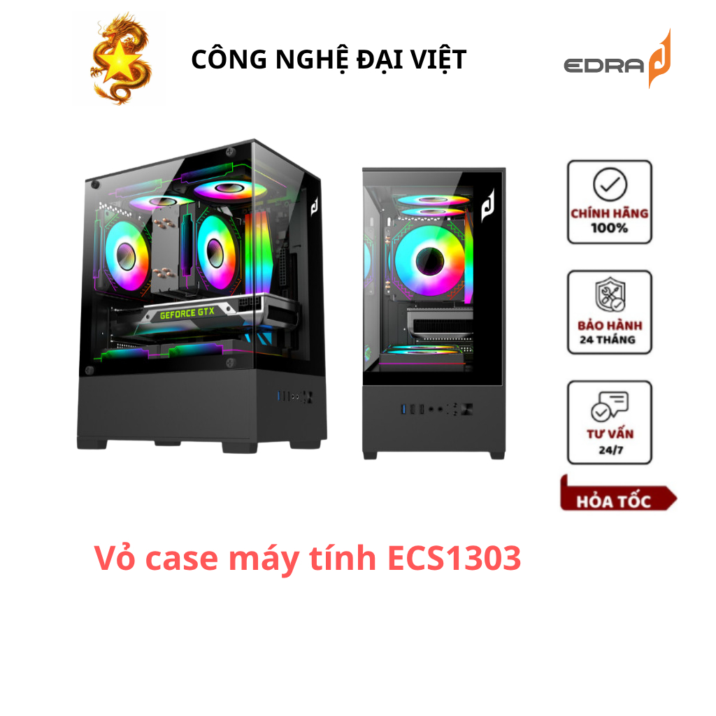 Case PC GAMING EDRA ECS1303 kính cường lực dày 3mm, hỗ trợ nguồn ATX. BH chính hãng 1 năm.