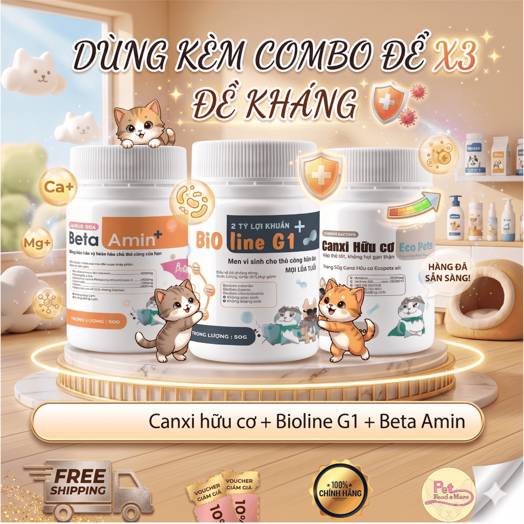 Ecopets Men Bioline G1 & Bột Dinh Dưỡng Beta Amin Tăng Đề Kháng và Ổn Định Đường Ruột Cho Chó Mèo