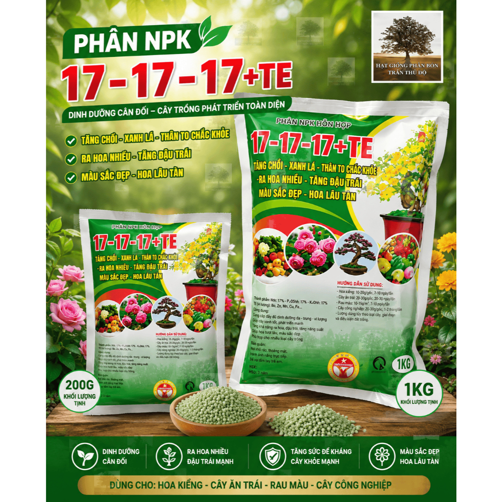 PHÂN BÓN DẠNG VIÊN NPK 17-17-17+ TE ( GÓI 1KG )