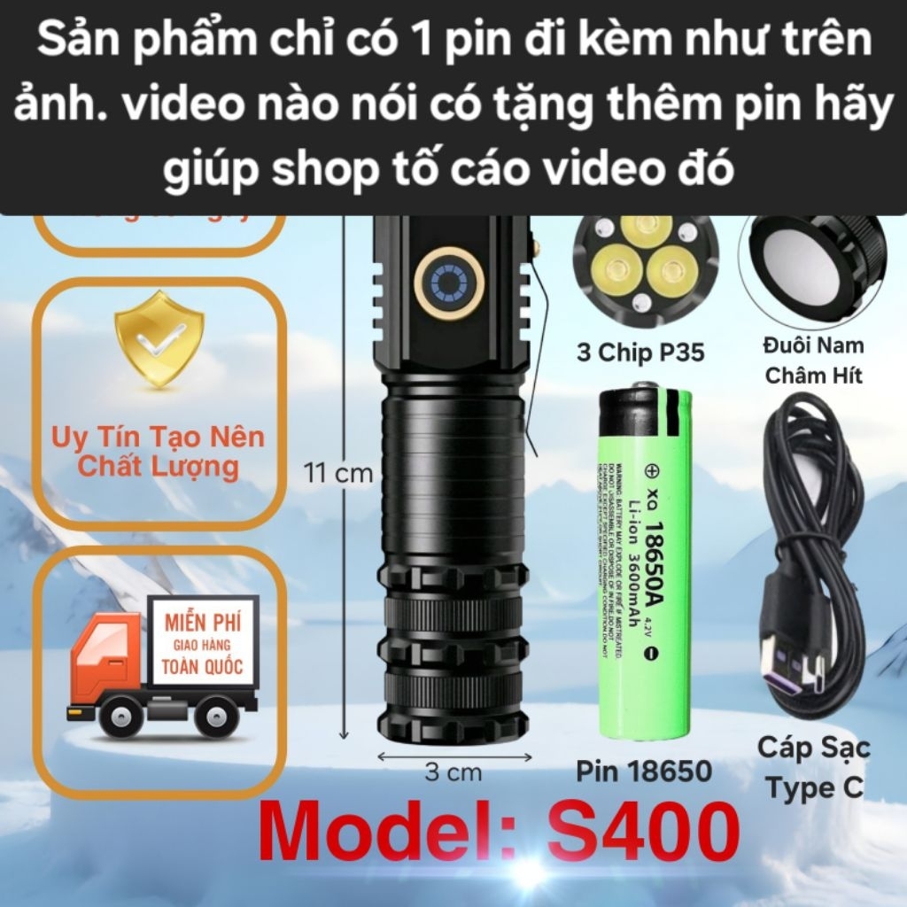 Đèn pin mini s400 - sản phẩm gồm 1 pin và thân đèn như ảnh mô tả - không tặng thêm pin