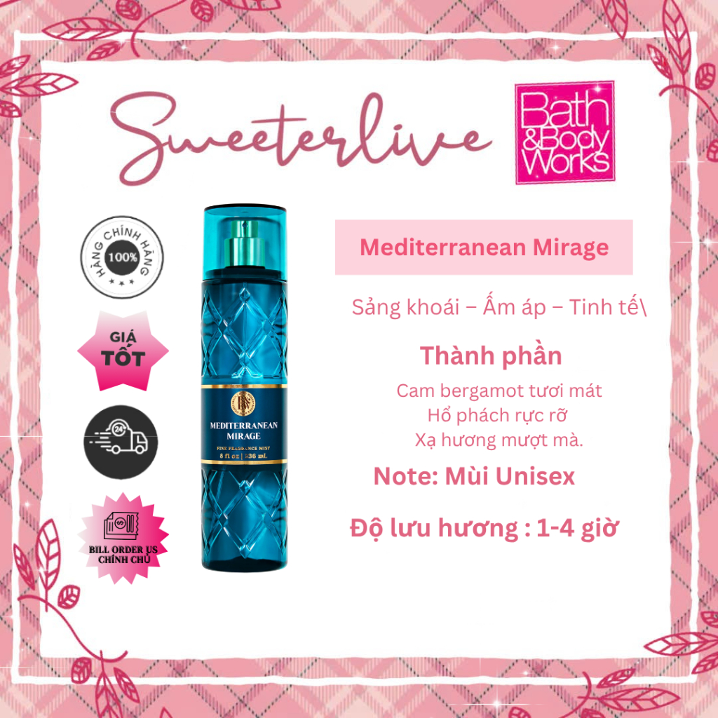 [Bill US] MEDITERRANEAN MIRAGE LUXURIES COLLECTION Body Mist (Bill US) - Xịt thơm  BATH & BODY WORKS