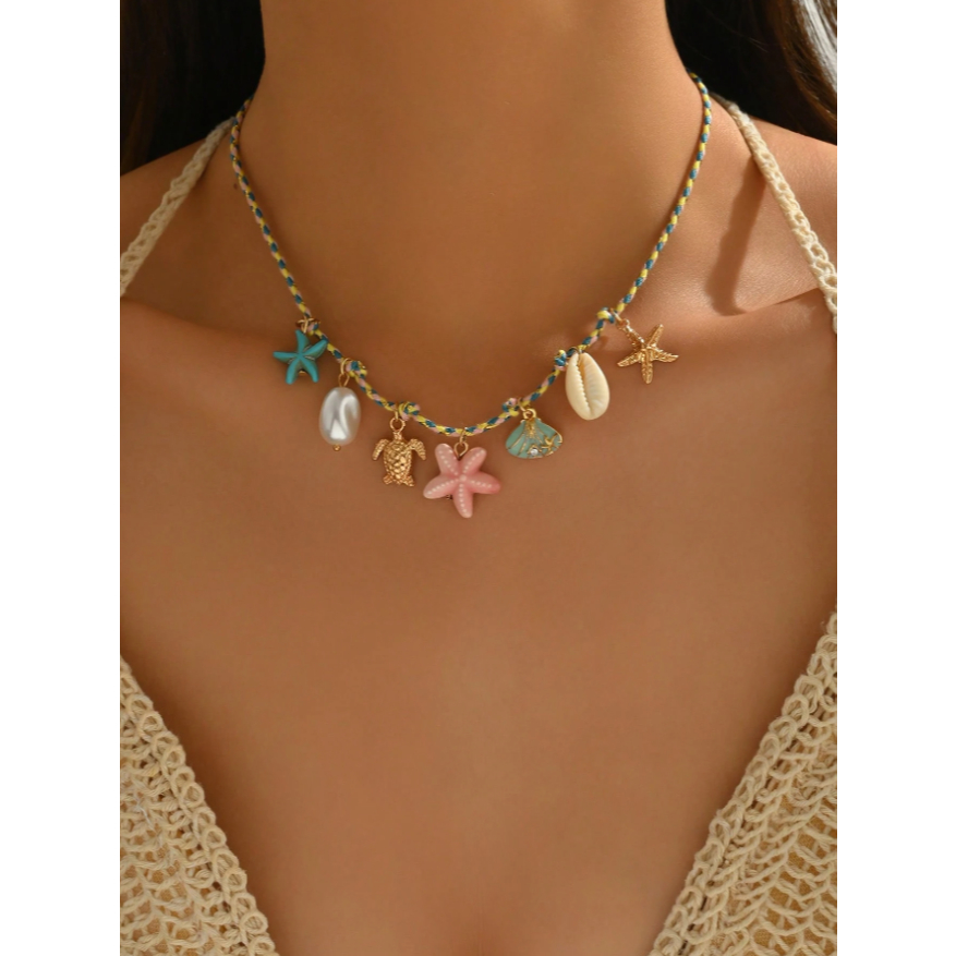 Dây chuyền dây thừng dệt phong cách bohem phối charm nhiều màu dây chuyền chocker cổ đi biển mùa hè