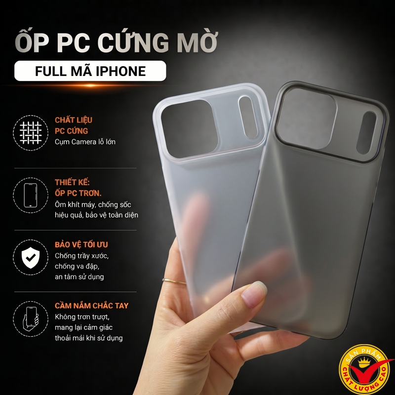 Ốp Lưng mờ iphone IP 17/ IP 17 Pro/IP 17 ProMax/ IP 17 AIR/ IP 17E/ IP 16 15 14 13 12 11 lỗ lớn mờ