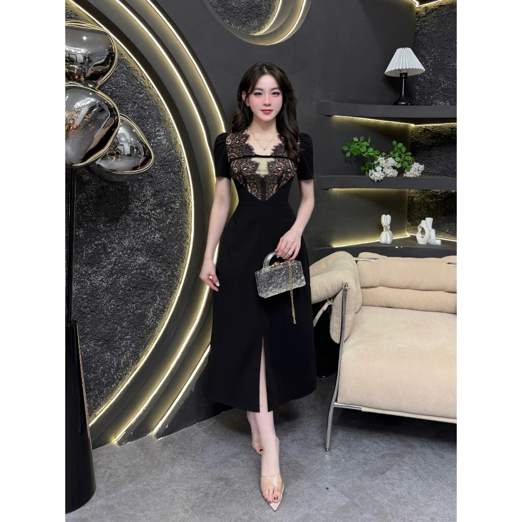2TY210 - Váy Thiết Kế Eviici dành cho nữ,thiết kế cổ V phối ren và lưới trước ngực, dáng A dài xẻ tr