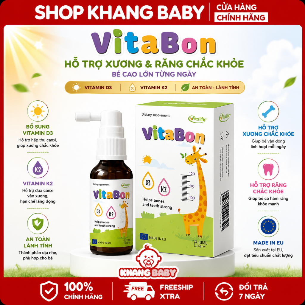 Xịt Vitamin D3 K2 + DHA Vita Bon VitaLife Cho Bé – Bổ Sung D3 K2 DHA, Dạng Xịt Tiện Lợi
