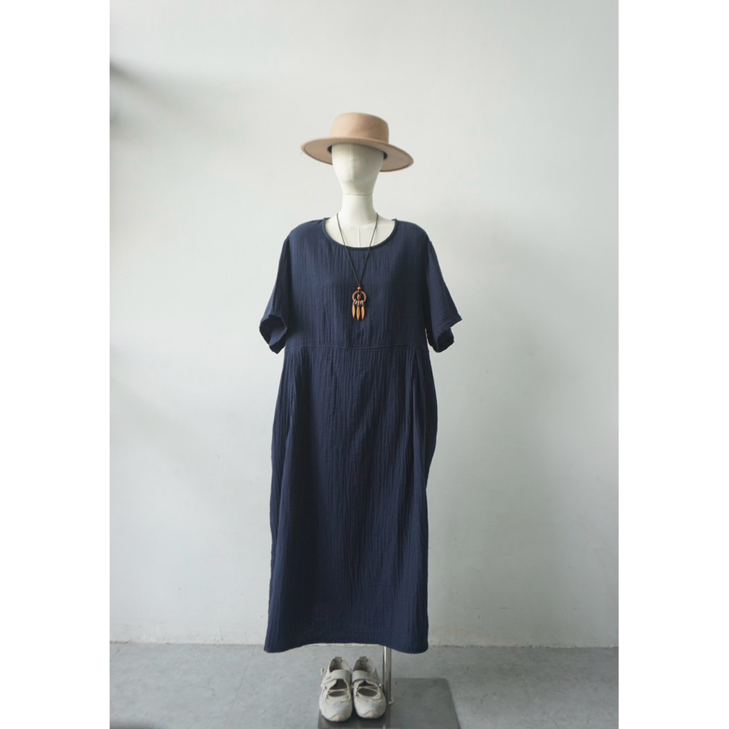 [Bigsize] Đầm xô muslin Nhật 2hand màu xanh đen, đầm dáng dài babydoll có túi hông. Độ mới trung bìn