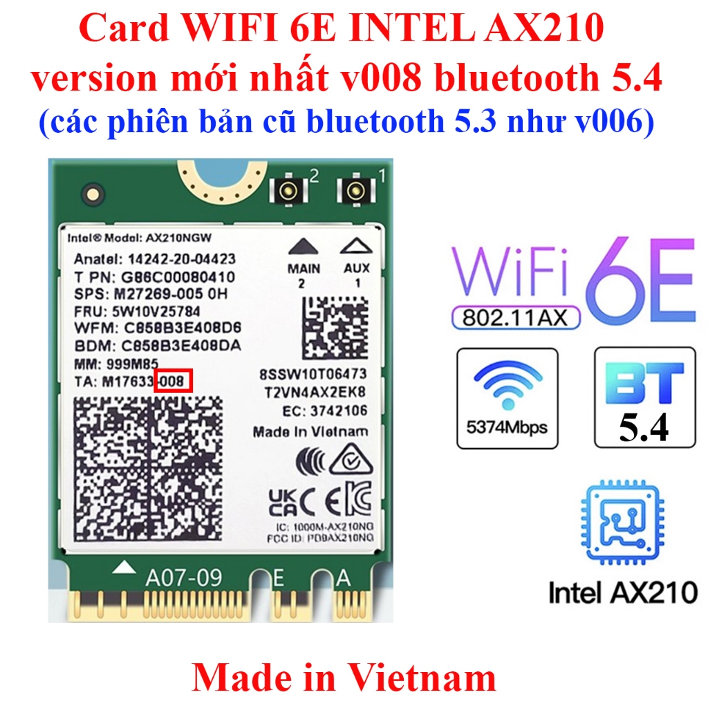 [Bảo hành 12 tháng] Card WIFI 6E INTEL AX210 , Killer AX1675 version mới nhất 008 ,  5374Mbps và Blu