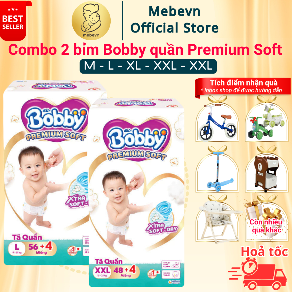 Combo 2 bỉm bobby quần Premium Soft cao cấp, bỉm bobby chính hãng siêu thấm hút và mềm mại