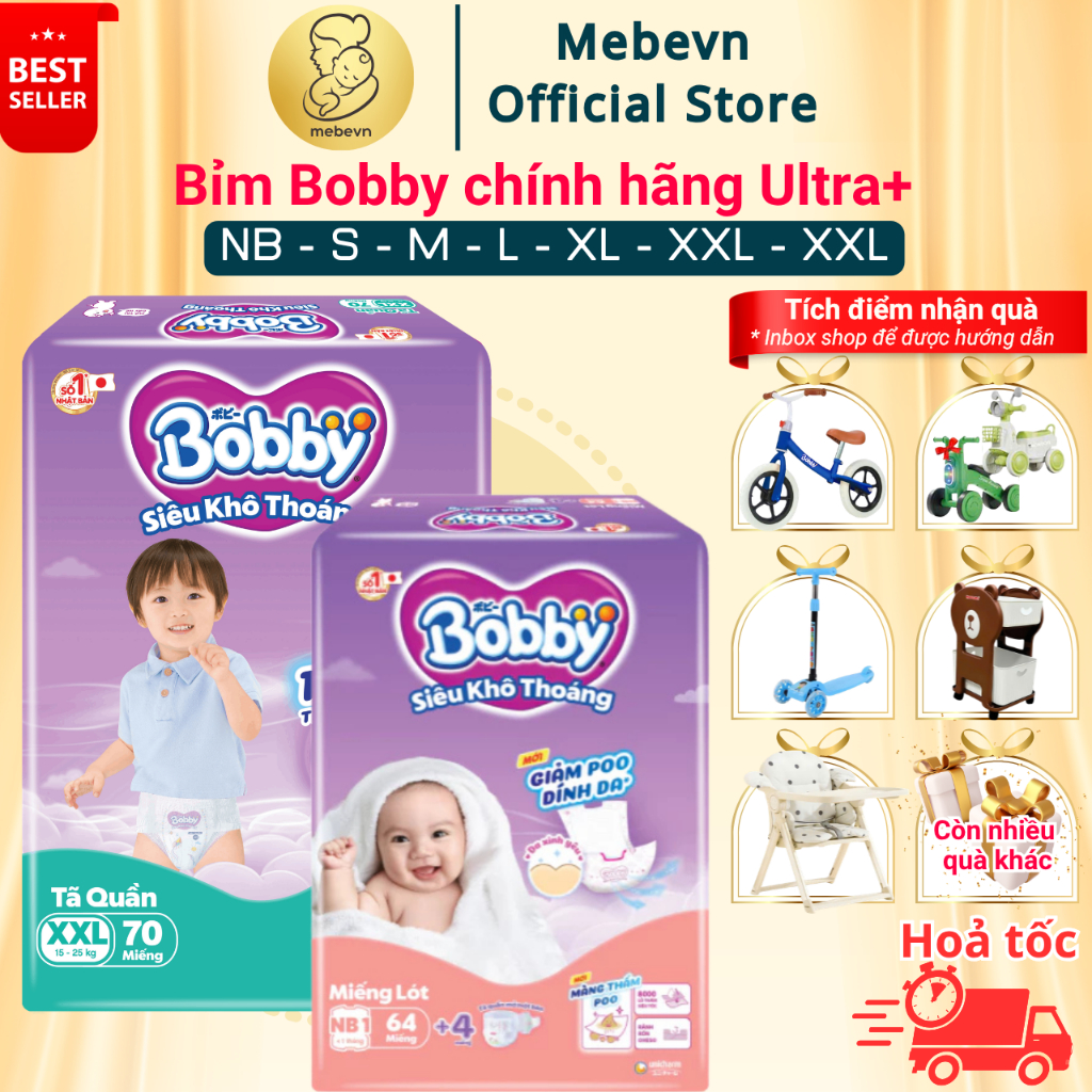 Bỉm Bobby chính hãng Ultra+ siêu nhiều miếng, tã quần Bobby siêu khô thoáng đủ size tã Dán/Quần