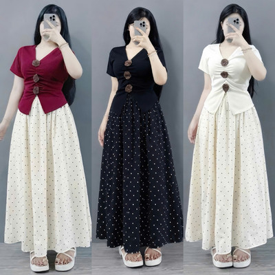Set Bigsize Nữ Nàng Thơ (CÓ LẺ ÁO/VÁY) Áo Cổ Tim Đính Hoa Kèm Váy Dài Chấm Bi A275 CV422