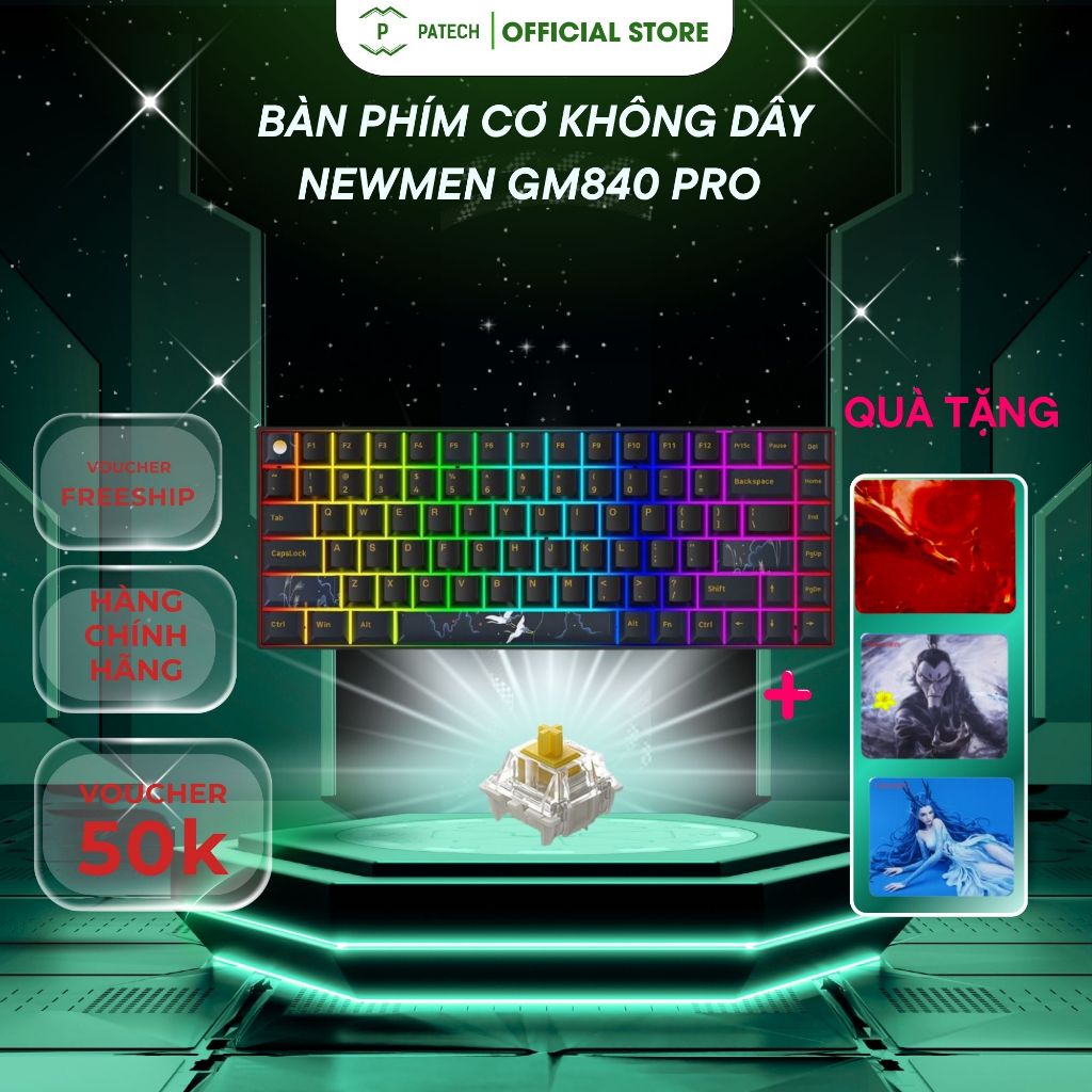 BÀN PHÍM CƠ KHÔNG DÂY NEWMEN GM840 PRO -  GATERON PRO YELLOW AXIS - (USB) - HẠC VŨ ÁNH TRĂNG - HÀNG 