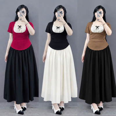 Set Bigsize Nữ Nàng Thơ (CÓ LẺ Áo/Váy) Áo Cổ Phối Ren Mix Váy Dài Phong Cách Dịu Dàng