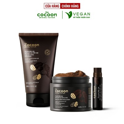 Bộ 3 Cà phê Đắk Lắk tẩy da chết cocoon: Cơ thể 200ml hũ + Da mặt 150ml + Son môi 5g