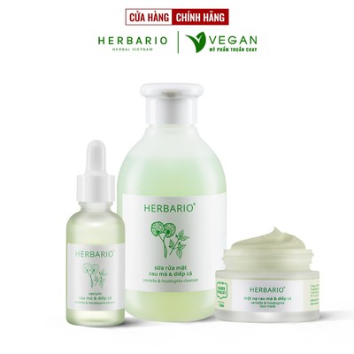 Bộ 3 chăm sóc da dầu mụn cơ bản Rau má & Diếp cá Herbario: Sữa rửa măt 200ml + Mặt nạ 30ml + Tinh chất 30ml thuần chay