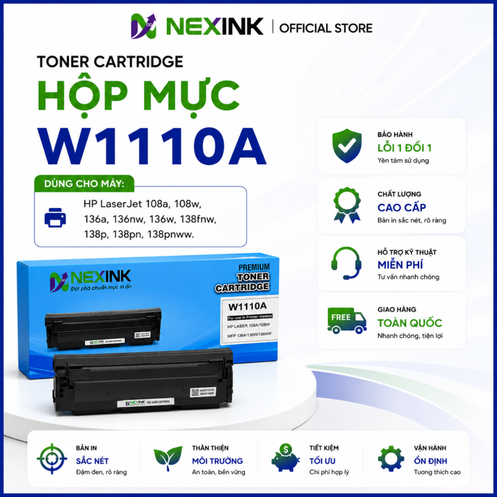 [W1110A] Hộp Mực NEXINK Cho Máy In HP 108A, MFP 136A, 136W, 138FNW, Sẵn Chip, Mực Sẵn, Lỗi 1 Đổi 1