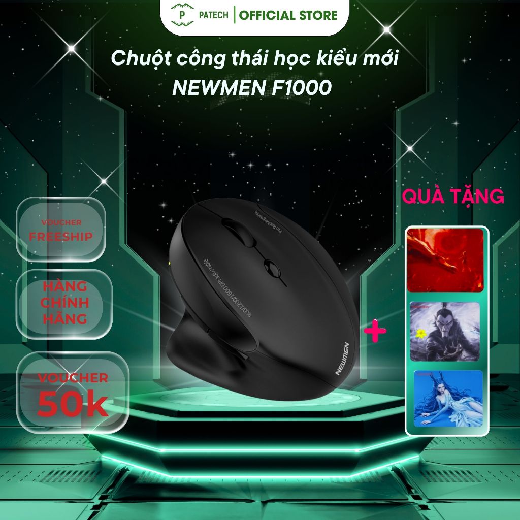 Chuột công thái học kiểu mới NEWMEN F1000 Dualmode TypeC Blueooth, 2.4Ghz, pin sạc, phụ kiện USB - C