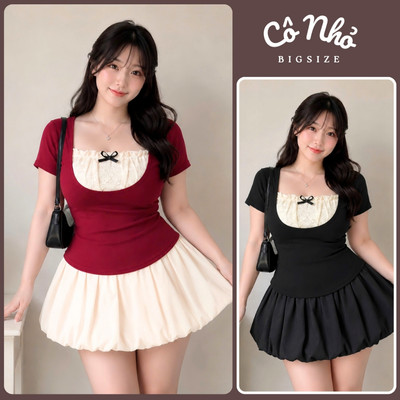 Set Váy Bigsize Nữ (CÓ LẺ/ VÁY) Áo Cổ Vuông Phối Ren 2 Lớp Phối Chân Váy Bí Chubby SET948