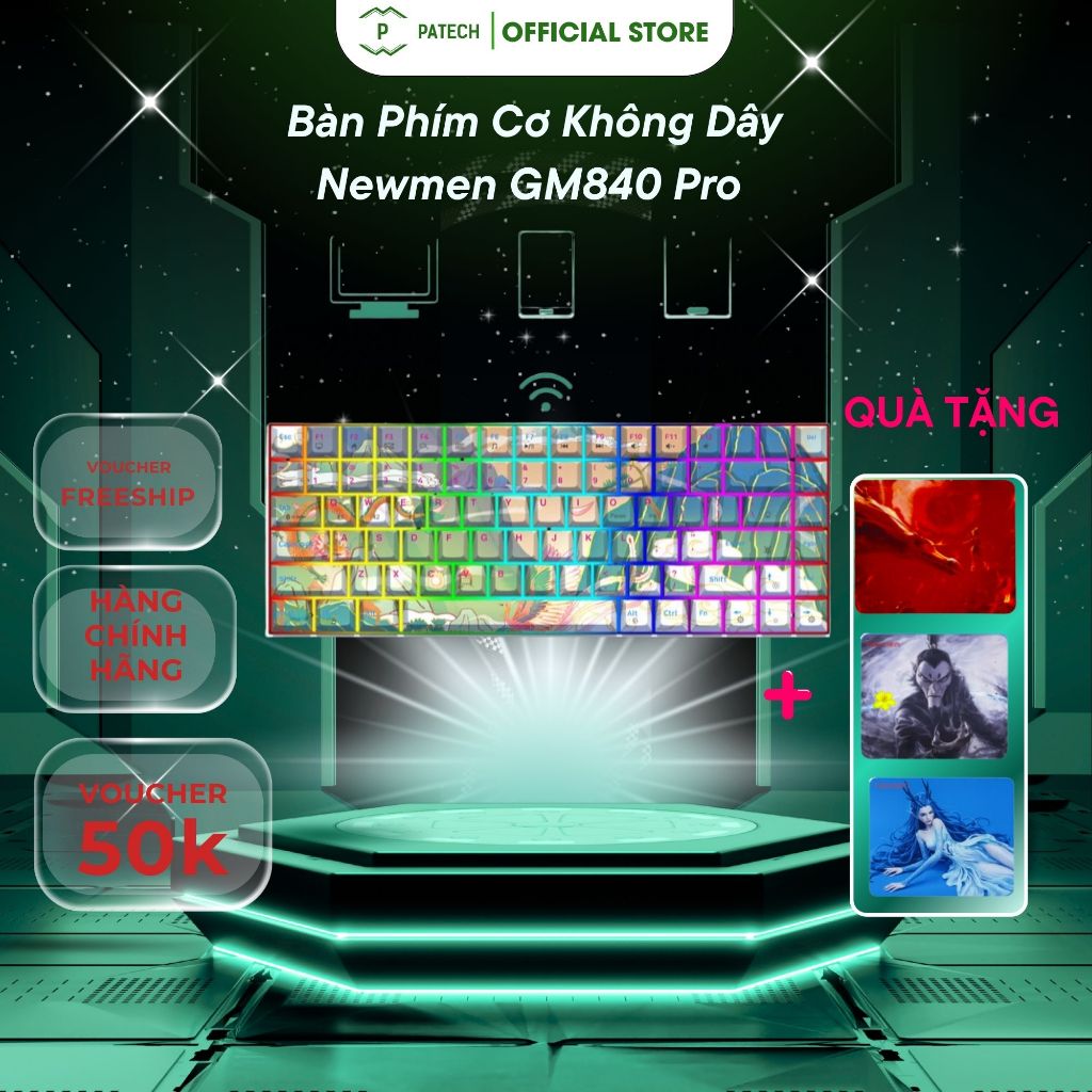 Bàn Phím Cơ Không Dây Newmen GM840 Pro (Rồng & Phụng), Dual mode, Deep Sea – Hush V3 Super Silent - 